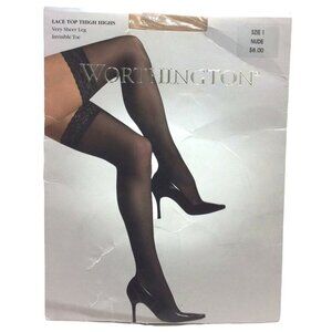 Worthington Lace Top Thigh Highs Very Sheer Leg Invisible Toe Size 1 Small Nude